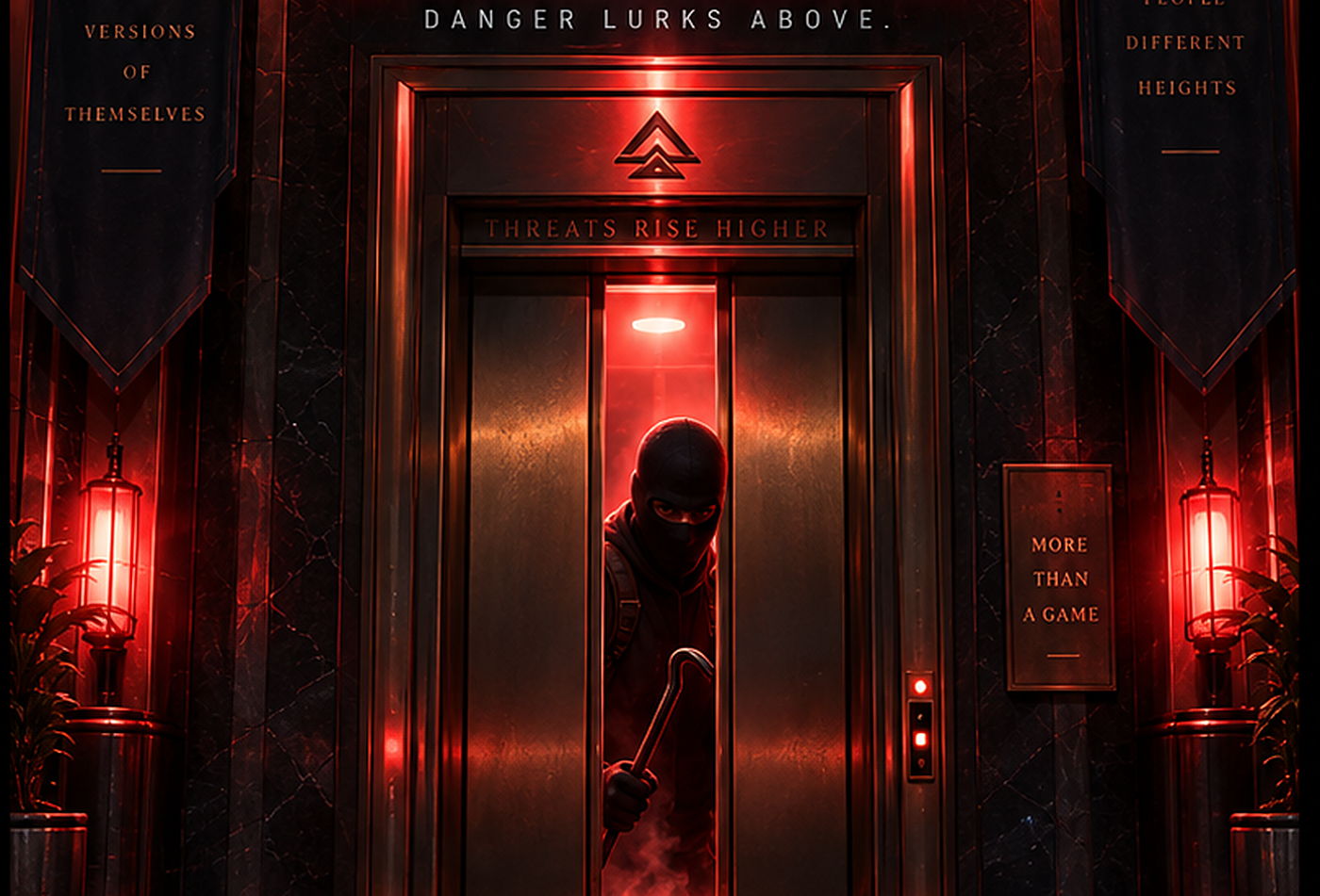 A masked robber forcing the elevator doors apart on a floor lit in red.