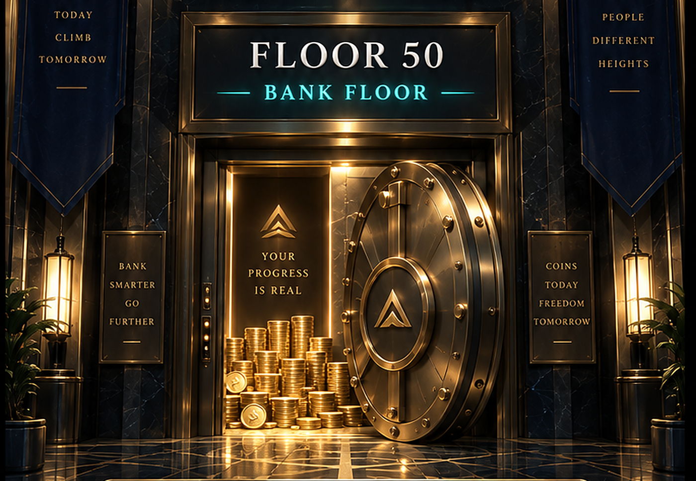 A bank floor: an open brass vault stacked with coins behind the elevator doors.