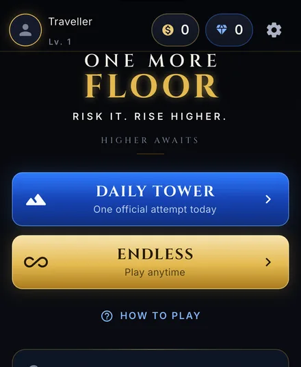 The ONE MORE FLOOR home screen: the Daily Tower above Endless mode.