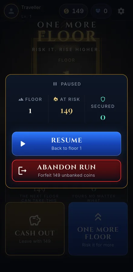 A run in progress showing the floor reached, coins at risk and coins secured.